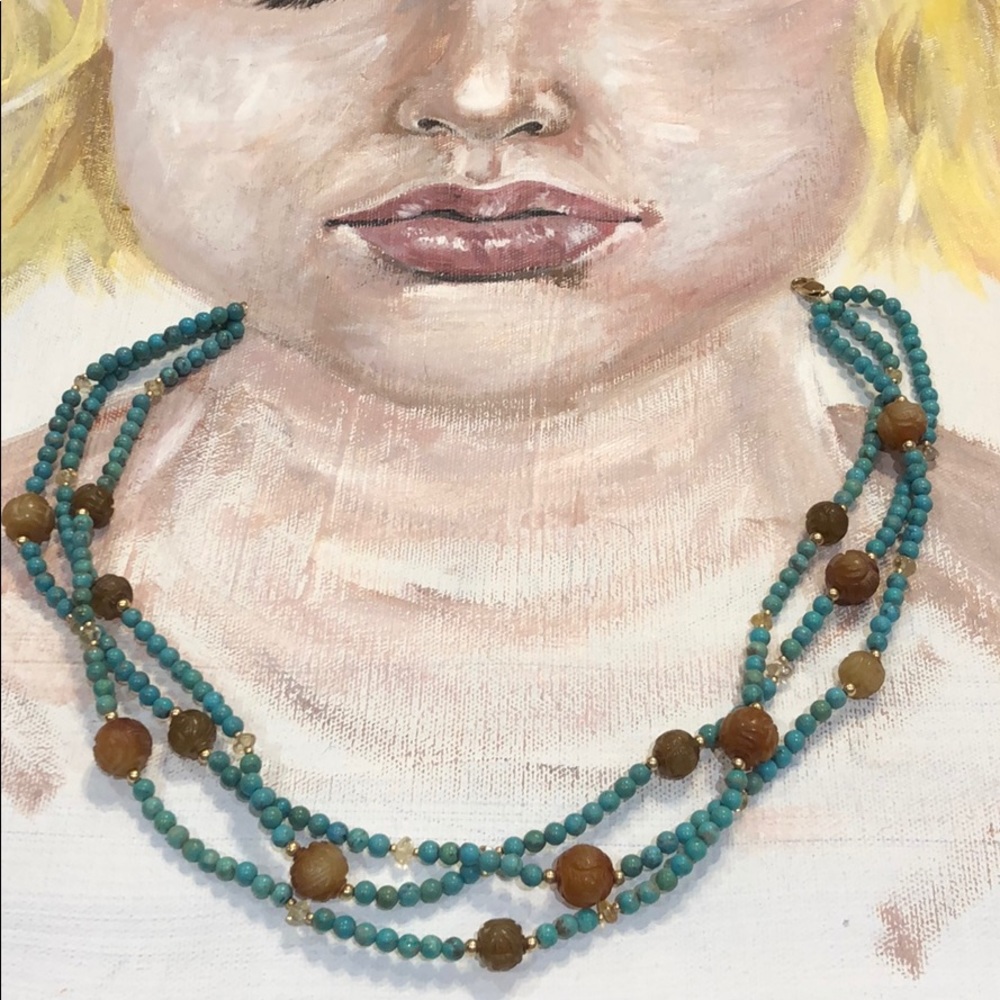 Turquoise 3 strand necklace 14k gold clasp/beads